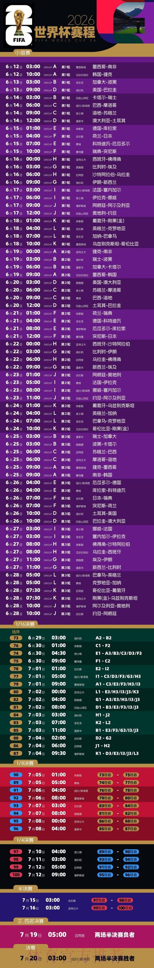 2026世界杯每日赛程一览比赛时间表实时查看